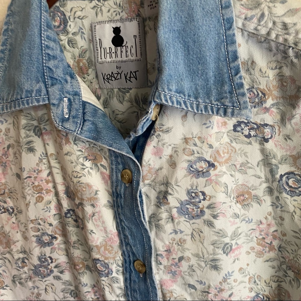 Vintage Denim Pastel Floral Printed Sleeveless Shirt Krazy Kat Purrfect 90’s - Picture 3 of 10